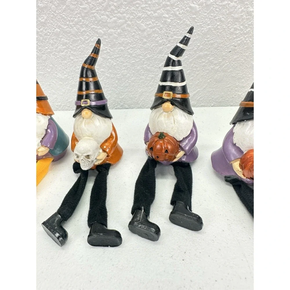 Halloween Gnome Decor Lot 6 Witch Gnomes Dangly Legs Pumpkins Skulls